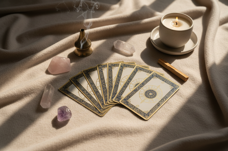 Elegant tarot card flatlay on a soft beige or pastel background, warm natural lighting, minimal composition, a few crystals neatly placed, soft candle glow in the corner, premium spiritual wellness aesthetic, clean shadows, high-resolution, calming energy.
