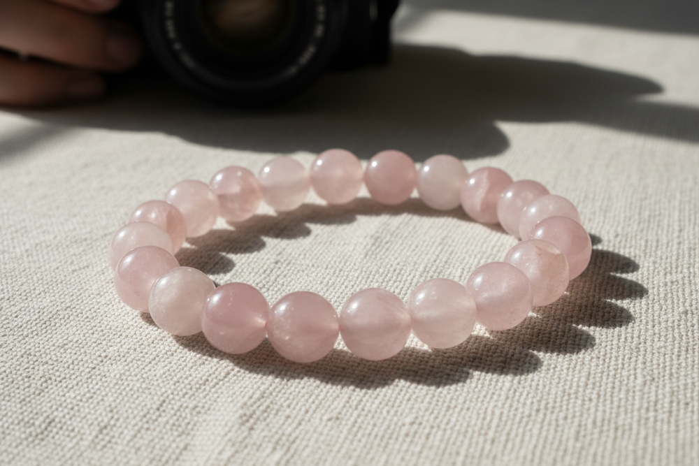 generate rose quartz bracelet keep somewhere looking authentic and real, not ai generated clicked phtoto by a person or shoot