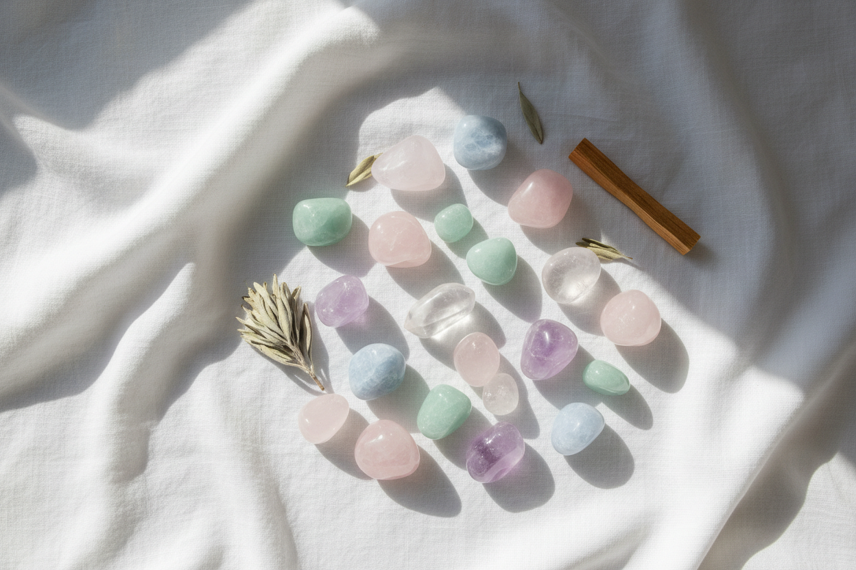 Minimal flatlay of healing crystals on a soft white cloth, natural daylight, pastel tones, aesthetic spiritual mood, luxury clean style, peaceful energy, high-resolution.
